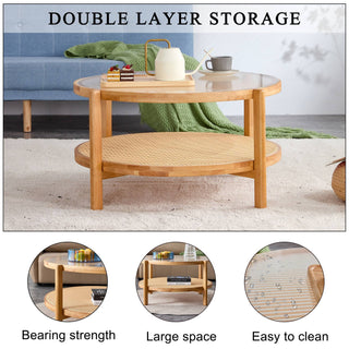 Modern simple circular double-layer solid wood tea table rattan woven Chinese side table small round table suitable for living room, dining room and bedroom