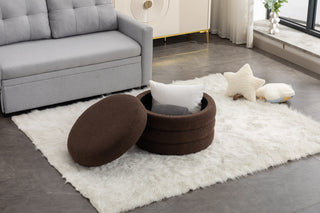 007-Boucle Fabric Storage Round Ottoman Footstool With Wooden Shelving,Brown