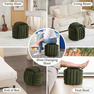 060-Chenille Fabric Modern Knot Design Ottoman Makeup Stool Footstool, Comfortable and Stylish Seat for Living Room, Bedroom,Green