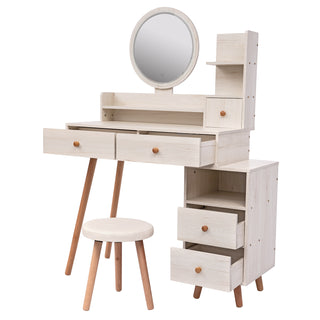 CRAZY ELF Stylish Vanity Table + Cushioned Stool, Touch Control LED Mirror, Large Capacity Storage Cabinet, 5 Drawers, Fashionable Makeup Furniture, Length Adjustable(L31.5"-43.2"x W15.8" x H48.1")