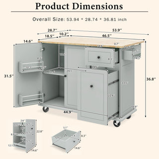 Kitchen Island with Drop Leaf, 53.9" Rolling Kitchen Cart on Wheels, Internal Storage Rack, 3-Tier Pull-Out Cabinet Organizer, Spice Rack, Towel Rack, Grey Blue