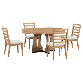 TREXM 5-Piece Retro Rustic Functional Dining Set – 1 Extendable Table with 16-Inch Leaf and 4 Upholstered Chairs, Unique Geometric Design, Ideal for Dining Room and Kitchen (Natural)