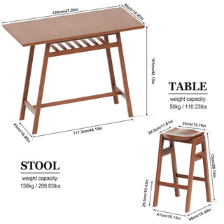 3 PCS Pub Dining Set Retro Bar Table Rubber Wood Stackable Backless High Stool for 2 with Shelf and Hooks for Home Bar Small Space