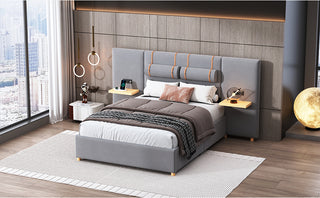 Full size upholstered platform bed with two outlets and USB charging ports on both sides, two bedside pillows, storage shelf, Velvet,Gray