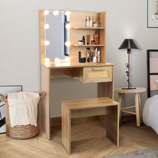 Vanity Desk Set Stool & Dressing Table with LED Lighting Mirror Drawer and Compartments Modern Wood Cosmetic Table Chest of Drawers Nature Color