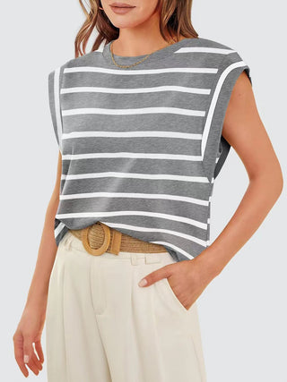 Striped Round Neck Cap Sleeve T-Shirt for Women