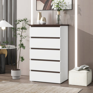 5-Drawer Dresser for Bedroom, Modern Closet Dressers Chest of Drawers, White and Walnut Storage Dresser Chest Cabinet Organizer Unit