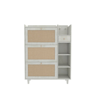 Natural Bohemia Style Shoe Cabinet, Shoe Rack Cabinet with 3 Rattan Flip Drawers, 3 Square Shelves, 1 Storage Drawer, Multi-Storage Space and Hooks for Hallway, Entryway, White