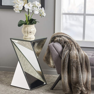 Geometrical Mirrored Side Table, Silver, Modern Chic Design, Durable and Clear, Ideal for Bedroom, Office, Living Room, 13.75" x 13.75" x 25.6"