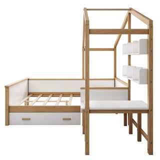 Full Size Wooden House Bed White and Original Wood Colored Frame with Drawer, Desk and Bookshelf for Children or Guest Room