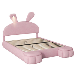 Full Size Upholstered Platform Bed with Cartoon Ears Shaped Headboard and Light, Pink