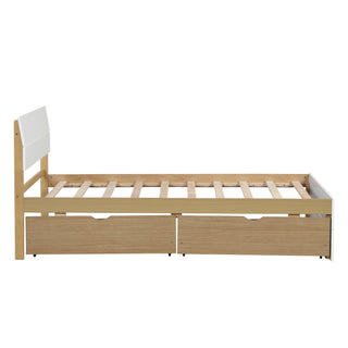 Modern Twin Bed Frame With 2 Drawers For White High Gloss Headboard and Footboard With Light Oak Color