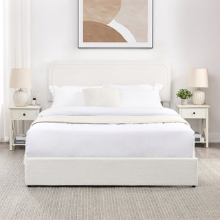 Liv Queen Size Ivory Boucle Upholstered Platform Bed with 4 Drawers Storage, Curved Stitched Tufted Headboard, Wooden Slat Mattress Support, No Box Spring Needed