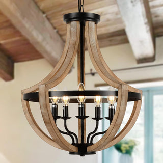 19" Farmhouse Chandelier Light Fixture, 5-Light Dining Room Ceiling Light, Solid Wood Modern Pendant for Kitchen Island, Living Room, Bedroom, Foyer, Adjustable Height, Brown