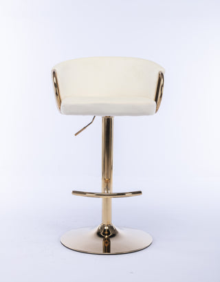 Set of 2 luxurious Ivory Velvet Bar Stools with Gold Legs, Chrome Footrest, Swivel & Adjustable Height