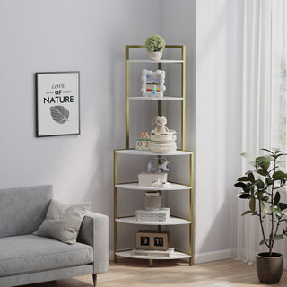 6-Tier Corner Open Shelf Modern Bookcase Wood Rack Freestanding Shelving Unit – Sturdy Space-Saving Stand for Living Room, Home Office, Kitchen, and Small Spaces