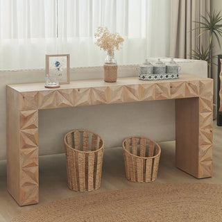 Modern Geometric Wooden Console Table – Natural Wood Finish with Handcrafted 3D Design