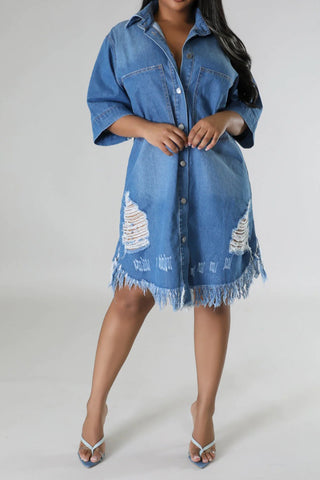 Distressed Raw Hem Button Up Denim Dress for Women