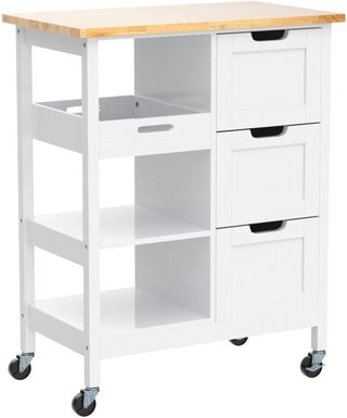 Rolling Small Kitchen Island Cart with Solid Wood Top, Mobile Utility Cart on Wheels with 3 Drawers and Storage Shelves, White Dining Room Serving Cabinet