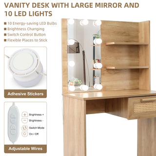 Vanity Desk Set Stool & Dressing Table with LED Lighting Mirror Drawer and Compartments Modern Wood Cosmetic Table Chest of Drawers Nature Color