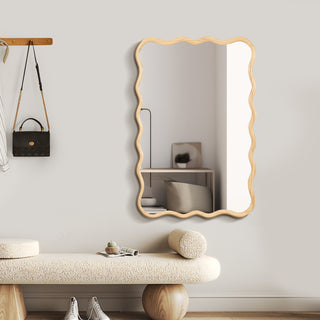 Solid Wood Wavy Rectangle  Mirror-Natural-Wood   40" x 28" Modern Mirror Wall Decor for Bathroom, Bedroom, Living Room, Dining Room, Cloakroom, Entryway