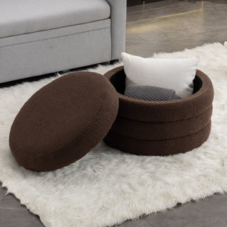 007-Boucle Fabric Storage Round Ottoman Footstool With Wooden Shelving,Brown