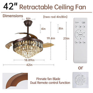 42 Inch Retractable Ceiling Fan Chandelier with Lights and Remote Control, 6 Speed, 3 Changeable LED Lights, Crystal Modern Ceiling Fan for Bedroom, Living Room, Indoor Use