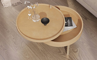 Modern Round Wood Rotating Tray Coffee Table with Storage & Metal Legs in Natural