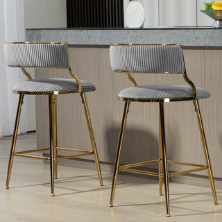 SET OF 2,26'' Counter height bar stools Corduroy kitchen island counter bar stool with back,golden chromed base and footrest (GREY)