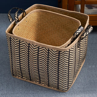 Square Palm Leaf Woven Wicker Storage Baskets with Handles, Set of 2 (14inx14inx15in and 16inx16inx17in) - Black and Brown - Ideal for Clothes, Books, Picnic, and Home Decoration