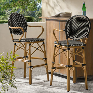 Outdoor Wicker and Aluminum 29.5' French Barstools, Set of 2, Black, Bamboo Print Finish