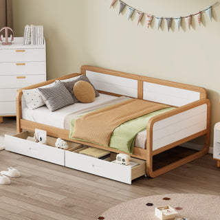 Twin Size Solid Wood Daybed with 2 Storage Drawers for Limited Space Kids, Teens, Adults, No Need Box Spring, Walnut and White