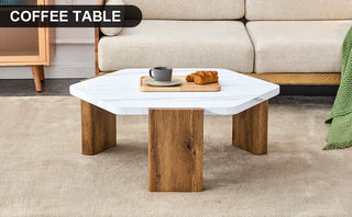 Modern MDF Coffee Table with White Top and Wood Texture MDF Legs, Hexagonal Design for Living Room and Guest Room