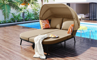 TOPMAX 74.8" L Patio Daybed with Retractable Canopy, Outdoor Rattan PE Wicker Loveseat Sofa Set with Throw Pillows & Cushions for Backyard, Poolside, Garden (Brown)