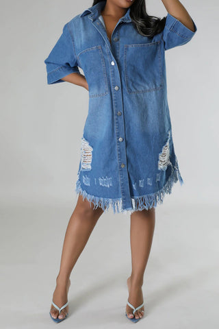 Distressed Raw Hem Button Up Denim Dress for Women