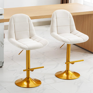 Velvet Swive Bar Stools Set of 2 Adjustable Counter Height Bar Chairs with Back Gold Base Modern Stool Chair for Kitchen Island Dining Room, White