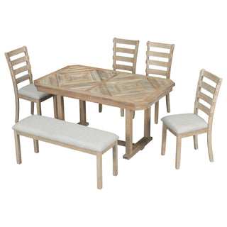 TREXM 6-Piece Rubber Wood Dining Table Set with Beautiful Wood Grain Pattern Tabletop Solid Wood Veneer and Soft Cushion (Natural Wood Wash)