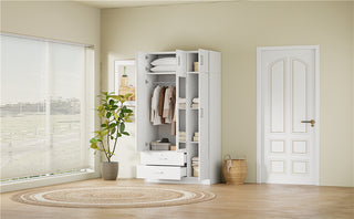 3-Door Mirror Wardrobe with 2 Drawers and Top Cabinet, White