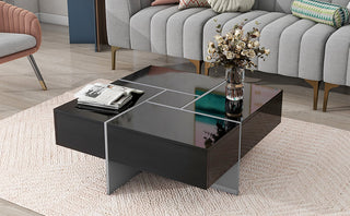 ON-TREND Unique Design Coffee Table with 4 Hidden Storage Compartments, Extendable Sliding Top, UV High-Gloss Finish, Square Cocktail Table for Living Room, 31.5" x 31.5"