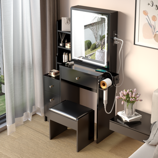 Small Space Left Bedside Cabinet Vanity Table + Cushioned Stool, 2 AC+2 USB Power Station, Hair dryer bracket, Extra Large Touch Control Sliding LED Mirror, Tri-color Switching, Brightness Adjustable