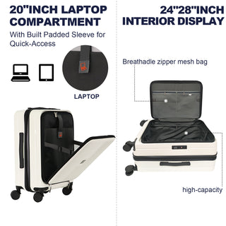 Luggage,with front opening,TSA approved lock,hardshell suitcase,White