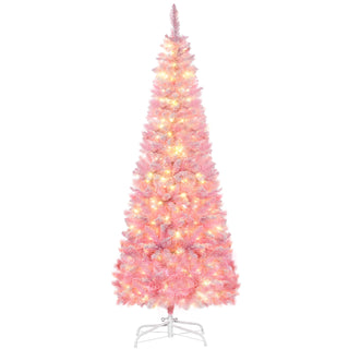 HOMCOM 6ft Prelit Snow Flocked Artificial Christmas Tree with Pencil Shape, Pine Realistic Branches, Warm White LED lights, Auto Open, Pink and White