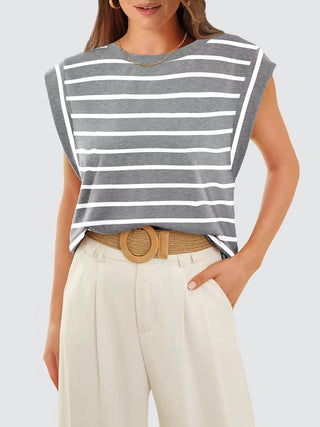 Striped Round Neck Cap Sleeve T-Shirt for Women