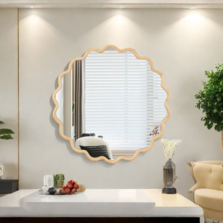 Solid Wood Wavy Mirror-Natural-Wood Vanity Mirror Wall Decor 42" x 42" Modern Mirror Wall Decor for Bathroom, Bedroom, Living Room, Dining Room, Cloakroom, Entryway