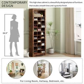 ON-TREND Stylish Design 30 Shoe Cubby Console, Contemporary Shoe Cabinet with Multiple Storage Capacity, Free Standing Tall Cabinet with Versatile Use for Hallway,  Bedroom, Rustic Brown