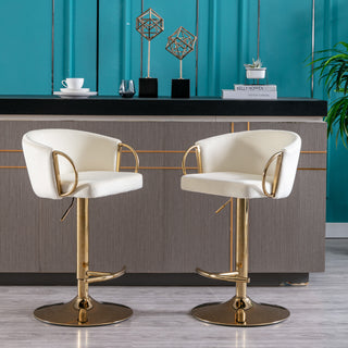 Set of 2 luxurious Ivory Velvet Bar Stools with Gold Legs, Chrome Footrest, Swivel & Adjustable Height