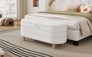 Elegant Upholstered Sherpa Fabric  Storage Ottoman with Wood Legs, Storage Bench for Bedroom, Living Room, White