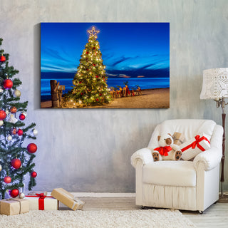 Framed Canvas Wall Art Decor Painting For Chrismas, Chrismas Tree on Seaside Chrismas Gift Painting For Chrismas Gift, Decoration For Chrismas Eve Office Living Room, Bedroom 1812in-thickness 1.5inch