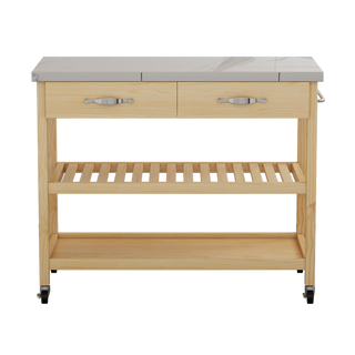 Stainless Steel Countertop Solid Wood Kitchen Cart with Storage Drawers and Shelves – Rotatable Kitchen Island with Steel Table Top and Tower Rack, Rolling Utility Trolley Cart for Kitchen and Dining