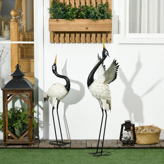 Outsunny Heron Garden Statues, 35.5" & 40.5" Standing Bird Sculptures, Metal Yard Art for Lawn, Patio, Backyard, Landscape Decoration, Set of 2, White & Black